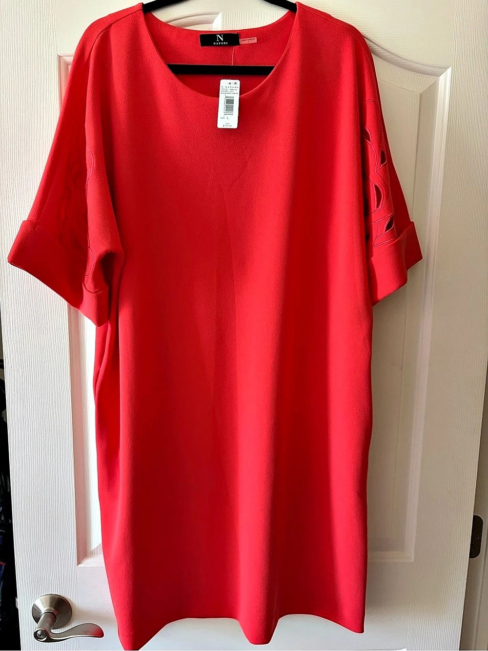 N Natori Solid Knit Crepe Embroidered Geometric T-shirt Dress Red Large